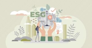 Collage aus Gebäuden, Händen und Wolken mit den Buchstaben ESG - ESG für Immobilienbesitzer