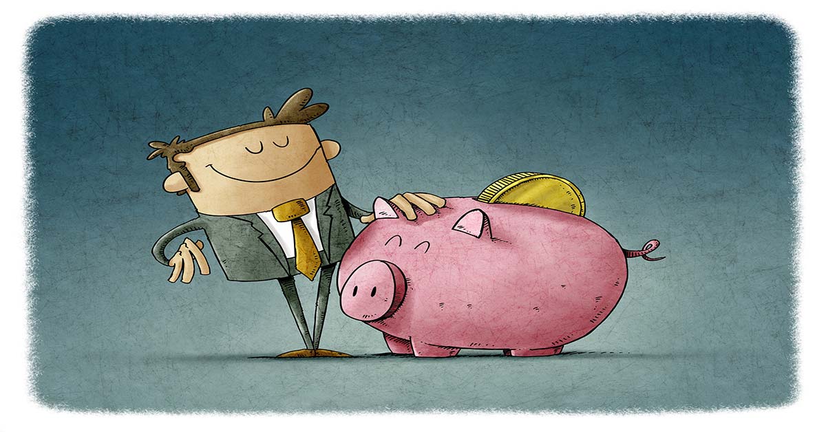 Comiczeichnung mit einem Mann und einem rosa Sparschwein - Eigenkapital für den Immobilienkauf