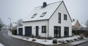 Modernes Einfamilienhaus in verschneiter Winterlandschaft; symbolisiert den Immobilienverkauf in der kalten Jahreszeit und die Chancen einer gelungenen Präsentation im Winter. | Immobilienverkauf