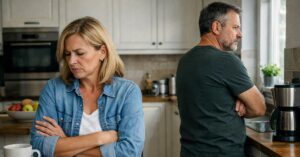 Ein Paar in der Scheidung steht mit dem Rücken zu einander in der Küche, der noch gemeinsamen Immobilie, und redet nicht mehr miteinander | Immobilie in der Scheidung