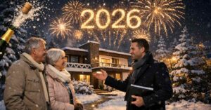 Immobilienmakler berät ein älteres Ehepaar vor einem modernen Einfamilienhaus im Winter, während Feuerwerk die Jahreszahl 2026 am Nachthimmel zeigt – Symbolbild für Immobilienmarkt-Trends und Verkaufspreise 2026. | Immobilienverkauf