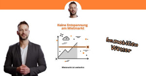 Standbild aus dem Video: Grafische Darstellung mit stilisierter Stadtsilhouette und Wohnhäusern unter einem wechselhaften Himmel, darüber eingeblendeter Titel „Immobilien-Wetter“. Immobilienmarkt