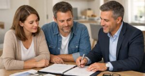 Paar sitzt gemeinsam mit einem Immobilienmakler am Tisch und bespricht Unterlagen zu einer geerbten Immobilie mit laufendem Kredit in vertrauensvoller Beratungssituation. | Erbimmobilie