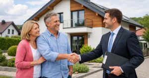 Ein Immobilienmakler und Eigentümer stehen vor ihrem Haus. Der Makler berät sie persönlich und zeigt vollen Einsatz beim Immobilienverkauf als Symbol für den Makleralleinauftrag und klarer Zuständigkeit. | Makleralleinauftrag