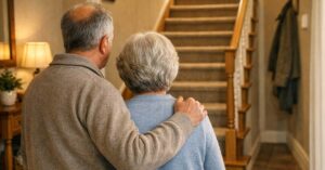Ein älteres Paar steht in seiner Immobilie vor der Treppe und überlegt, ob sie ihre Immobilie barrierefrei umbauen sollen | Wohnen im Alter