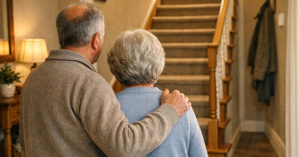 Ein älteres Paar steht in seiner Immobilie vor der Treppe und überlegt, ob sie ihre Immobilie barrierefrei umbauen sollen | Wohnen im Alter