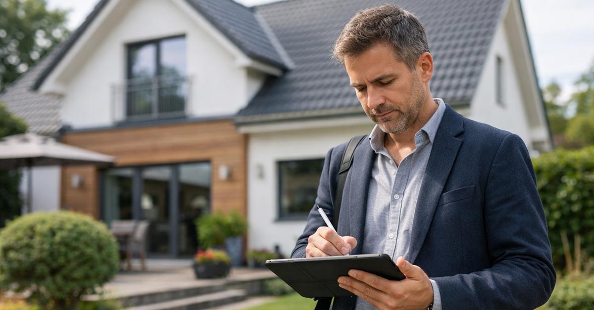 Ein professioneller Immobilienmakler besichtigt eine Immobilie zur Wertermittlung. Er steht vor einem gepflegten Einfamilienhaus in ruhiger Wohnlage, trägt ein modernes Business-Outfit und hält ein Klemmbrett oder Tablet in der Hand, auf dem er Notizen macht. Die Immobilie wirkt hochwertig und gut instand gehalten, mit Garten und klarer Architektur. Die Szene vermittelt Seriosität, Fachkompetenz und Marktanalyse. Natürliches Tageslicht, realistische Fotografie, moderne Bildsprache, dezente Tiefenschärfe | Immobilienbewertung Vergleichswertverfahren