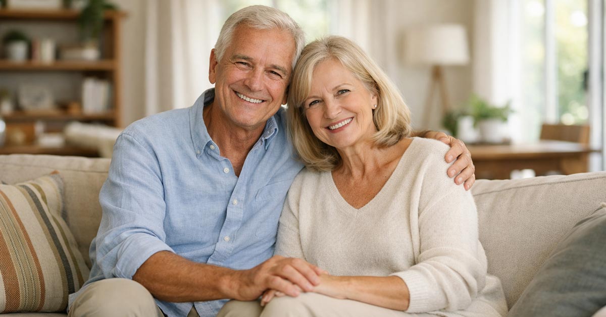 Foto eines glücklichen älteren Paares, das zusammen auf einem bequemen Sofa in seinem eigenen Wohnzimmer sitzt, entspannte und zufriedene Gesichtsausdrücke, elegante aber legere Kleidung. Verrentung