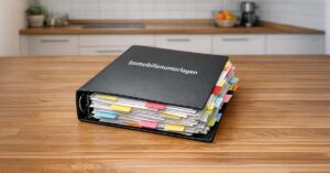 Auf einem Küchentisch in der Mitte der Küche liegt ein dicker Ordner mit Immobilienunterlagen für den Immobilienverkauf. Zwischen einigen Blättern im Ordner kleben Klebezettel und befinden sich Trenner. Auf dem Deckel des Ordners steht "Immobilienunterlagen". | Checkliste Unterlagen Immobilienverkauf