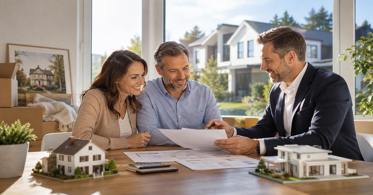 Paar bespricht mit einem Immobilienberater Finanzierungsunterlagen für den Hausverkauf und -kauf; Modellhäuser und Grundrisse veranschaulichen die Zwischenfinanzierung. | Zwischenfinanzierung