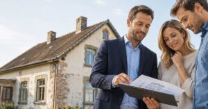 Ein Immobilienberater bespricht mit einem Paar vor einem älteren Haus Baupläne und mögliche Renovierungskosten beim Hauskauf. I Renovierungskosten