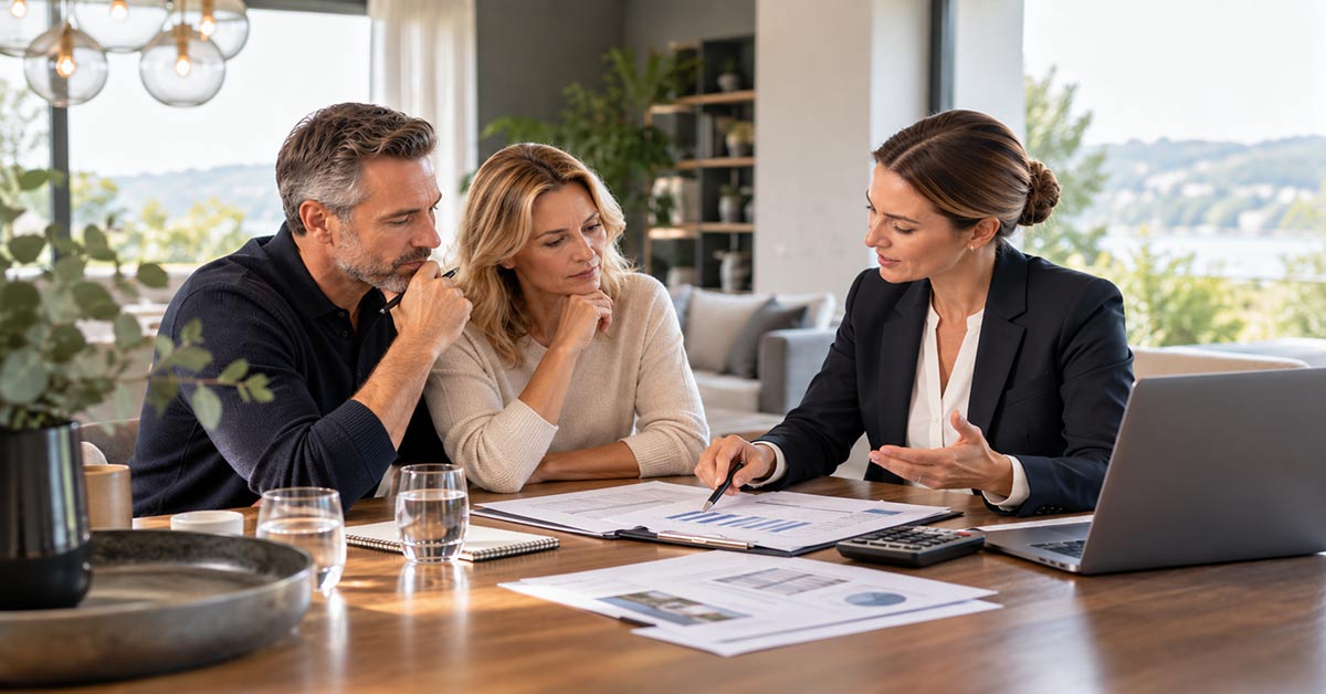 Paar im Beratungsgespräch mit einer Immobilienmaklerin über Unterlagen zum Immobilienverkauf.