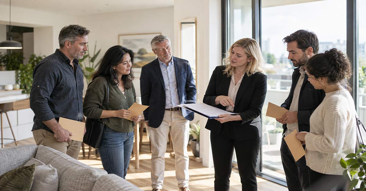 Eine Immobilienmaklerin erläutert einer Gruppe von Interessenten Unterlagen zu einem Bieterverfahren in einer hellen, modernen Wohnung.