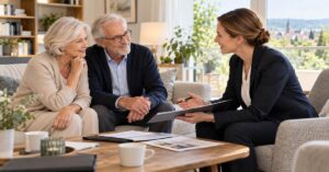 Älteres Paar im hellen Wohnzimmer im Gespräch mit einer Beraterin über Unterlagen zum Thema Wohnen im Alter.