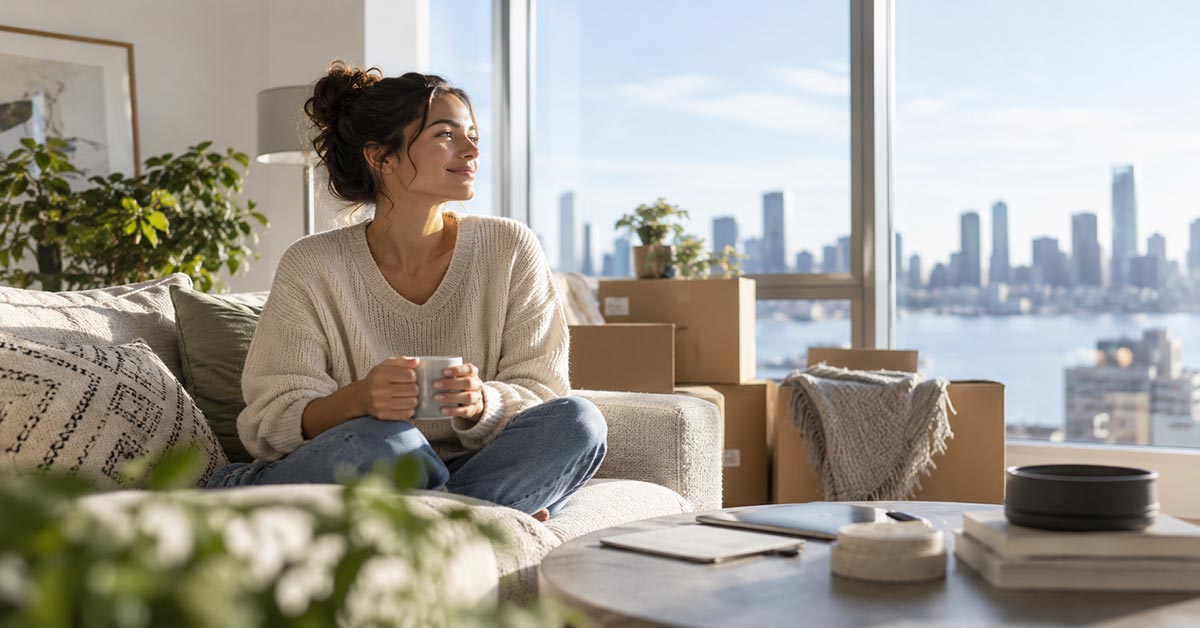 Junge Frau sitzt allein mit einer Tasse Kaffee auf dem Sofa ihrer neuen Wohnung, umgeben von Umzugskartons, mit Blick auf die Skyline einer Großstadt. | Immobilienfinanzierung