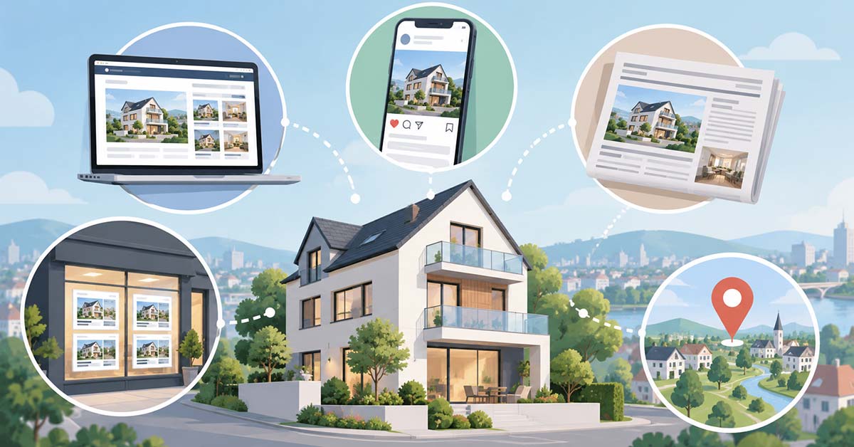 Illustration eines modernen Hauses, umgeben von verschiedenen Immobilien-Vermarktungskanälen wie Online-Portalen, Social Media, Zeitungsanzeigen und Makler-Schaufenstern. | Immobilienverkauf